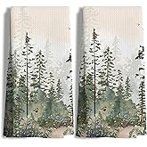 Nipil Mountain Woodland Forest Green Kitchen Towels,Forest Bathroom Decorative Hand Towels Set of 2,Farmhouse Kitchen Decor, 16x24 Inch