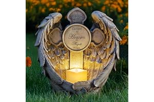 MXWCY 12“ Angel Wings Embracing Cross Solar Flameless LED Candles Outdoor Garden Memorial Statue for Garden Decoration Yard Art, A Touching Memorial Gift & Condolence Gifts Grave Decorations for Cemetery