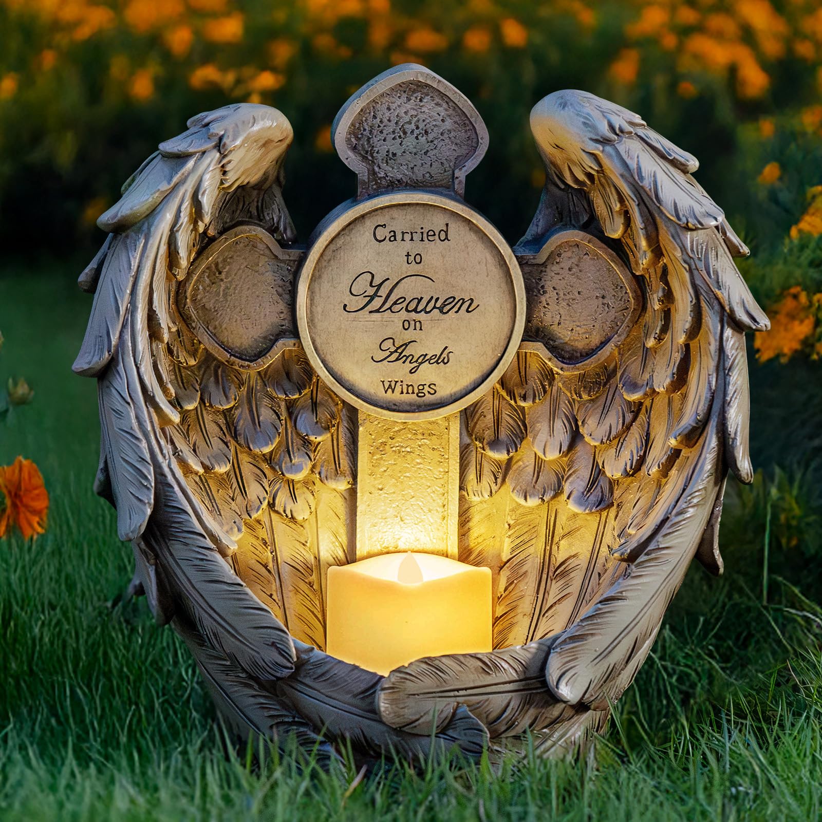 Photo 1 of 12“ Angel Wings Embracing Cross Solar Flameless LED Candles Outdoor Garden Memorial Statue for Garden Decoration Yard Art, A Touching Memorial Gift & Condolence Gifts Grave Decorations for Cemetery