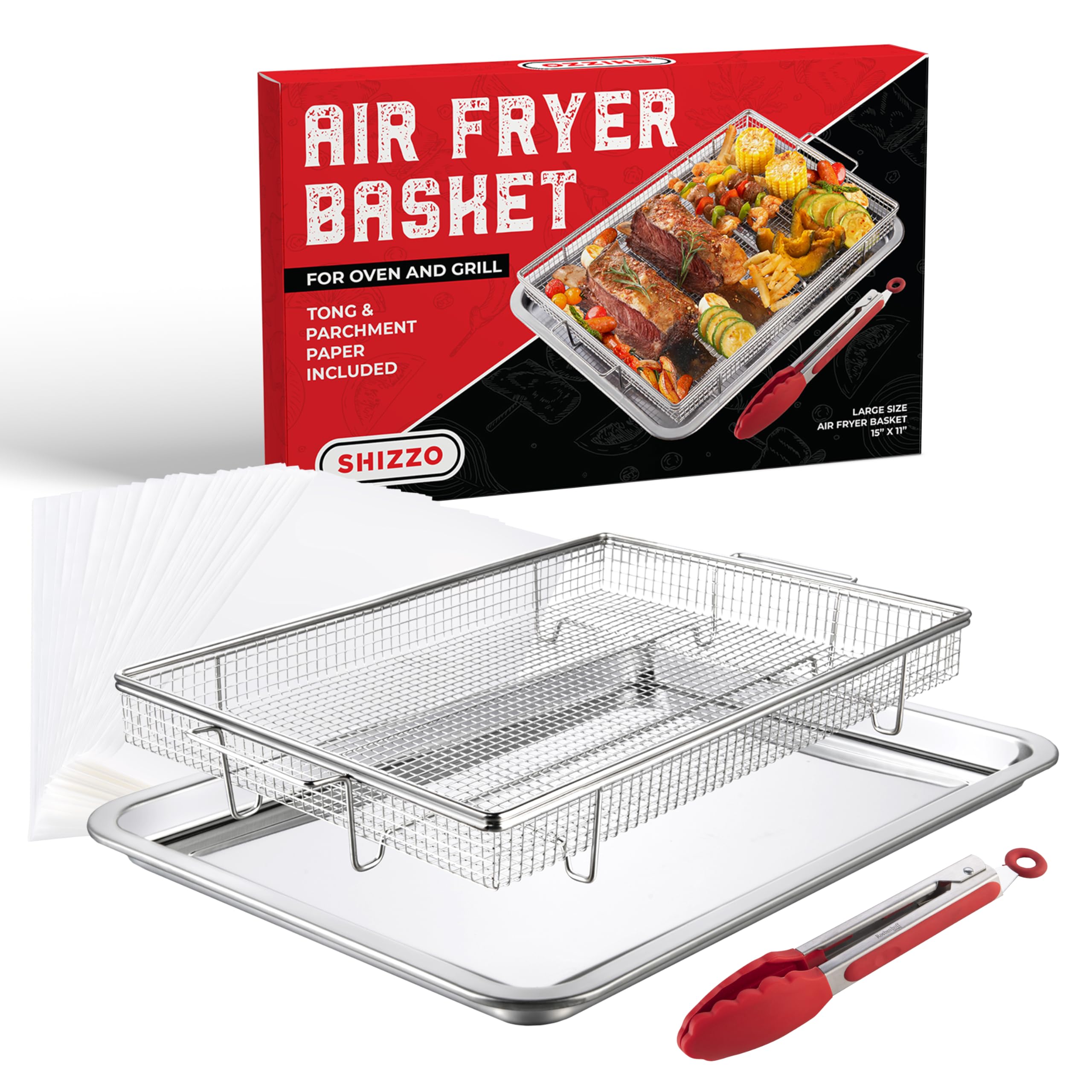 Photo 1 of Shizzo Air Fryer Basket for Oven– Large Stainless Steel Air Fryer Tray and Pan Set with 50 Parchment Papers & Food Tongs – Oven Air Fryer Basket for Baking, Grilling, Crisping - Kitchen Gift For Mom