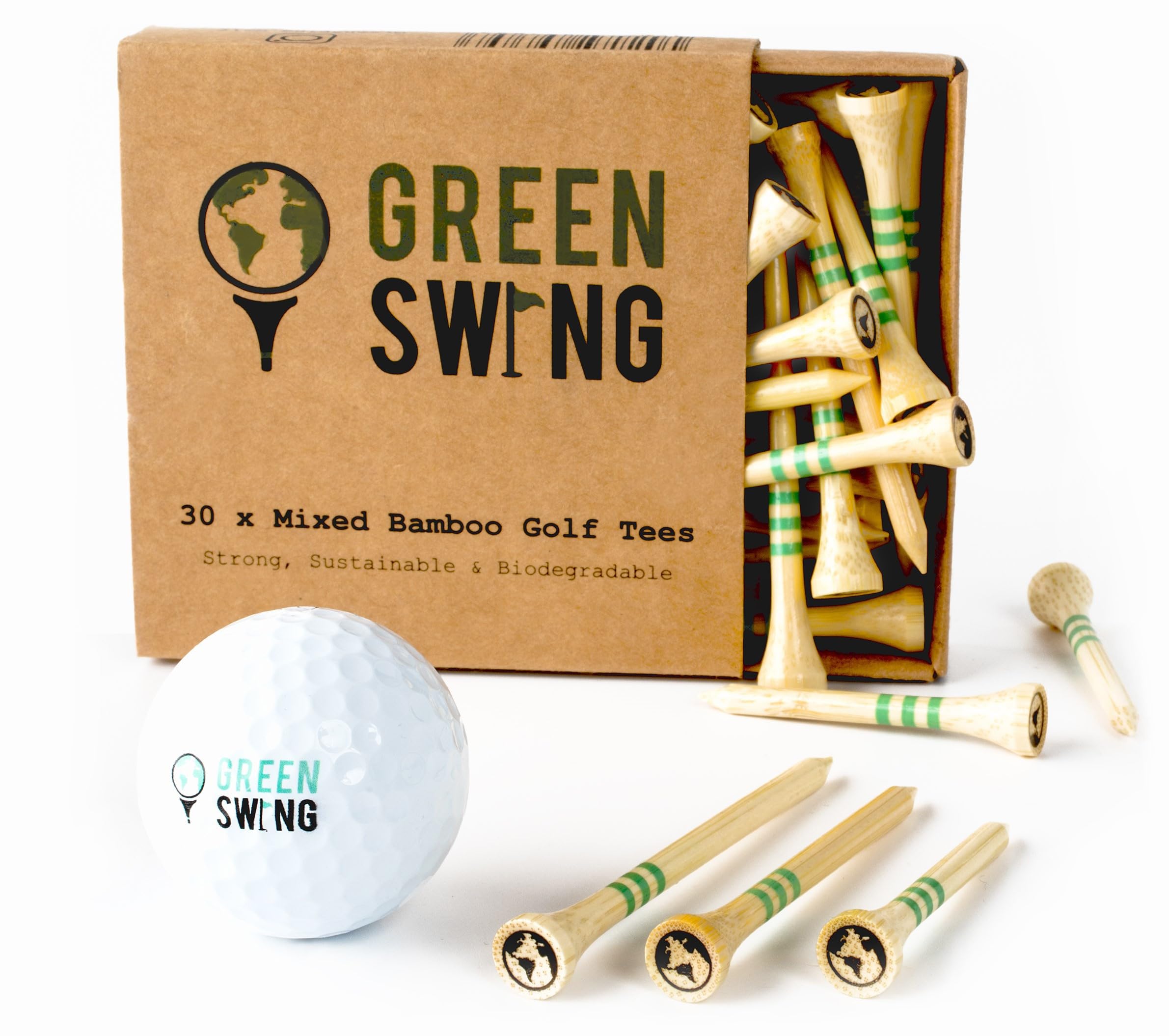 Green Swing Bamboo Golf Tees Mixed Sizes | Strong Sustainable Biodegradable | 30pcs