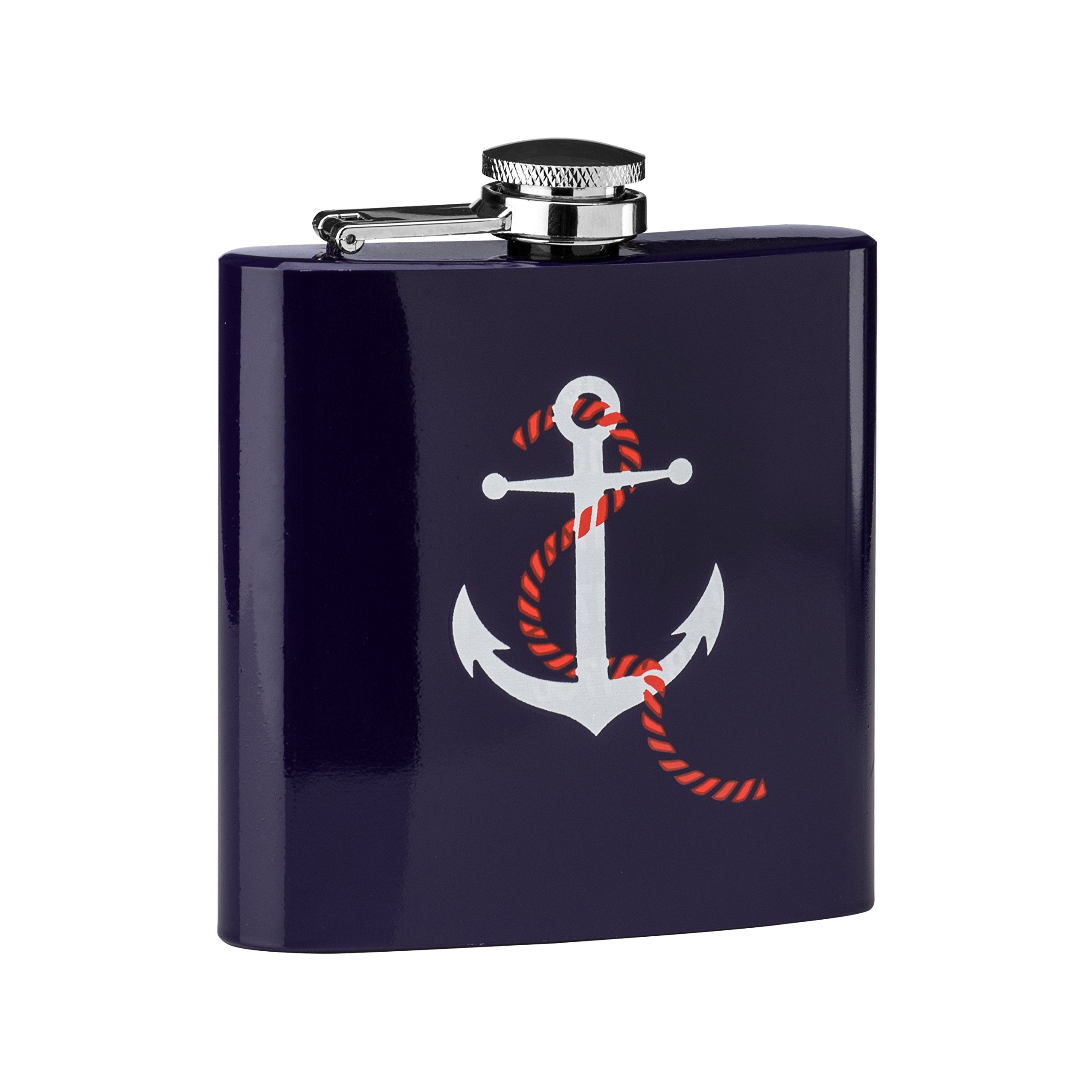 Premier Housewares Anchor Design Hip Flask, Stainless Steel, 6 oz - Blue