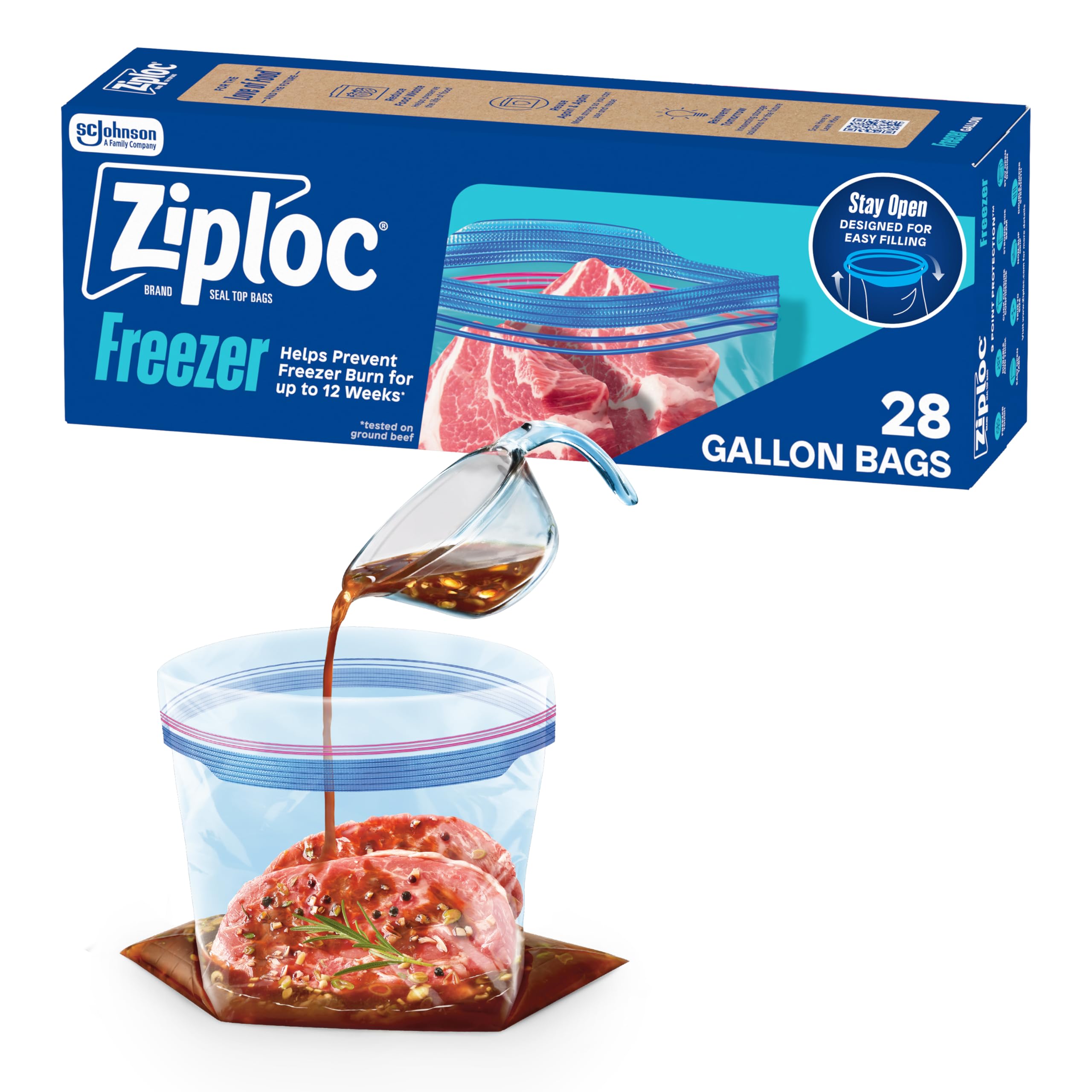 Ziploc Gallon Food Storage Freezer Bags, Stand-Up Bottom, Easy to Fill, 28 Count