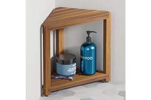 BLUEWEST 16.5" Corner Shower Stool, Wooden Corner Shower Bench for Shaving Legs Inside Shower, Waterproof Shower Foot Rest with Storage Shelf, Shower Seats and Benches