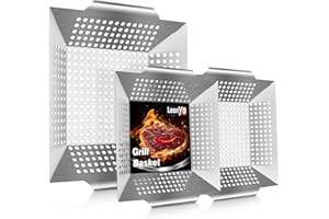 Leonyo 12" & 8" Grill Basket for Vegetables & Meat, 3PCS Heavy Duty Grill Utensils Set, Stainless Steel Barbecue Griddle Accessories