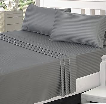 Reliable Trends 300TC Grey Plain Stripe King Size Elastic Fitted Bedsheets greyy