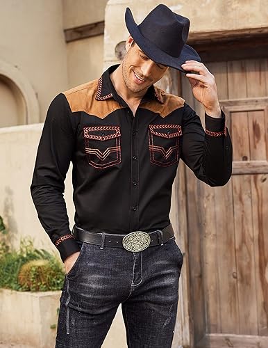 COOFANDY Mens Shirt Western Cowboy Embroidered Long Sleeve Slim