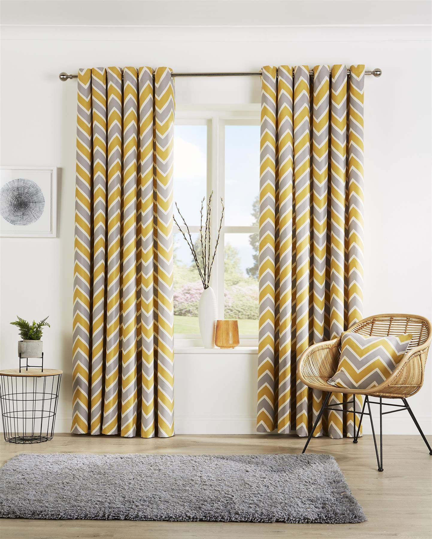 Olivia Rocco Eyelet Curtain Pairs Designer Fully Lined Ring Top Curtains Light Reducing Thermal Lining Window Treatment Living Room Bedroom, 66" (Width) x 54" (Drop) Chevron Ochre