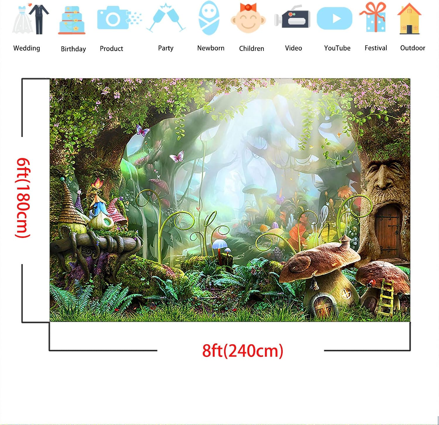 Avezano Fairy Tale Forest Backdrop Enchanted Mushroom Butterfly Fantasy Wonderland Spring Flower Background Children Newborn Kids Baby Birthday Party Picture Photobooth Studio Props (8x6ft) - Image 4