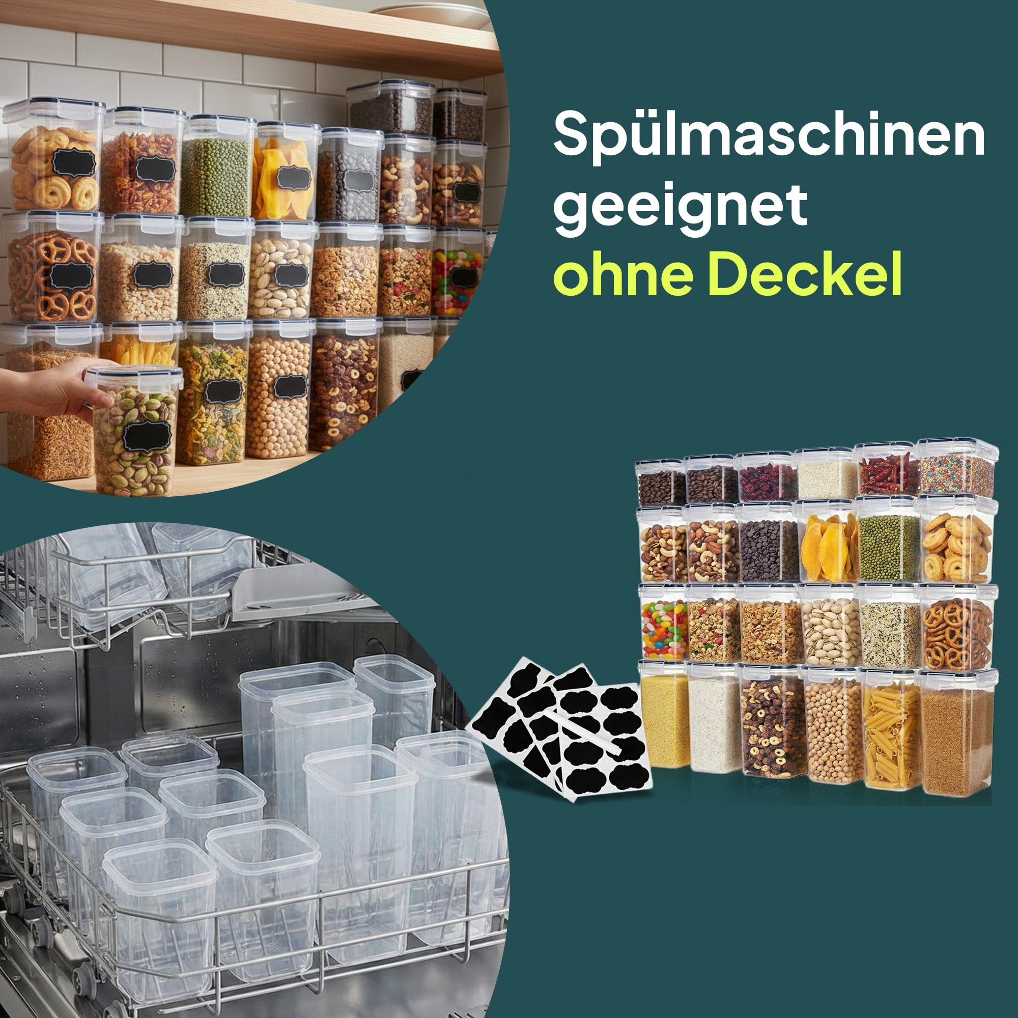 uandu Vorratsdosen mit Deckel luftdicht – 24er Vorratsbehälter Set BPA Frei, Reisbehälter, Aufbewahrungsbox Küche für Müsli, Mehl & Zucker, Mit Schreibstift und Etikett 6