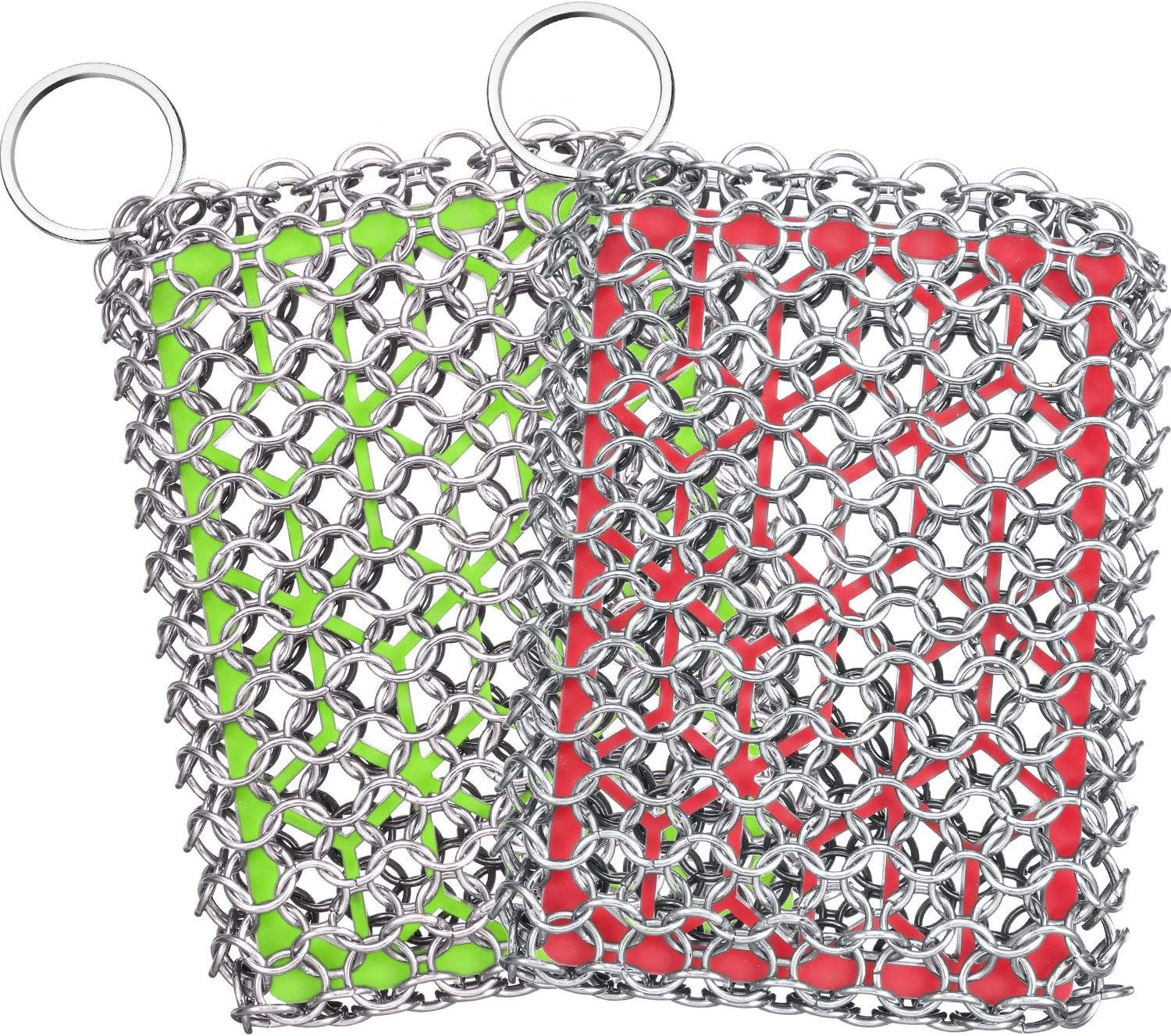2 Pieces Chainmail Scrubbers Skillet Cast Iron Cleaner Stainless Steel Scrubbers with Silicone for Kitchen Cookware BBQ Tools Green and Red: Health & Personal Care
