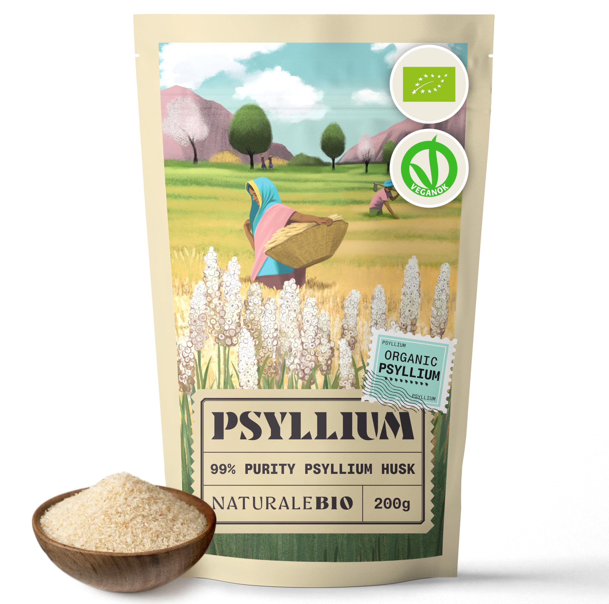 NaturaleBio Organic Psyllium Husk - 99% Purity - 200g. Pure & Natural Psyllium Seed Husks, Produced in India. High in Fibre, to be Mixed with Water, Beverages, & Juices, Vegetarian & Vegan.