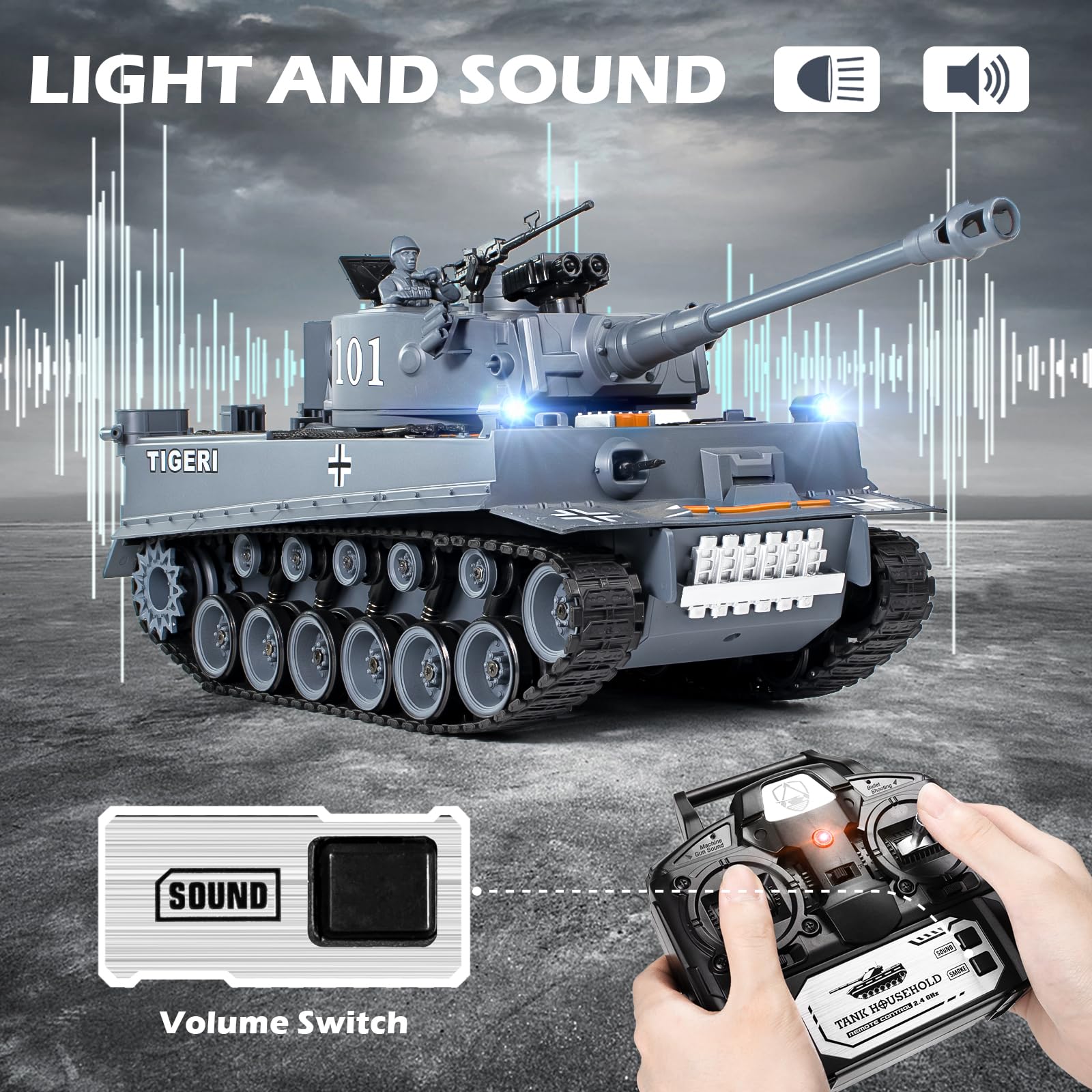 Supdex 1:18 Remote Control Tank, 2.4Ghz WW2 German Tiger I RC Tank Model Toys, Battle Army Toy 15 Channel with Smoke Light and Sound, Military Toy for Adults and Kids That Shoots BBS and Water Bombs