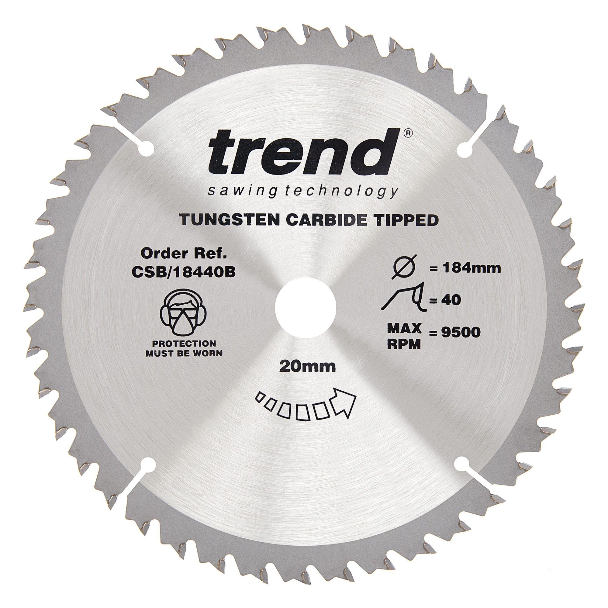 Trend Wood Circular Saw Blade, 184mm Diameter, 20mm Bore, 40 Teeth, 2.6mm Kerf, +15ยฐ Hook, TCT, Fine Finish, CSB/18440B โ image 1