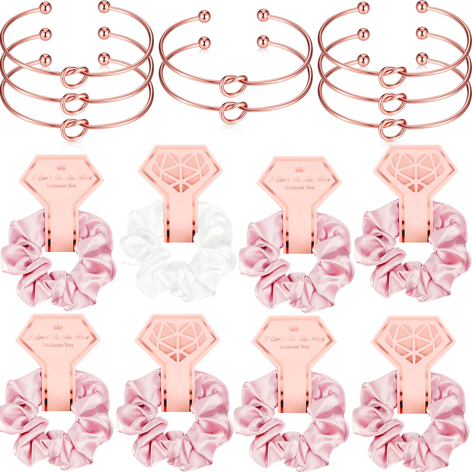 8 Pieces Satin Hair Scrunchies Bridal Shower Scrunchy Hairbands and 8 Pieces Bridesmaid Bracelets with I Can't Tie The Knot Without You Bridesmaid Cards (Pink and White Scrunchies)