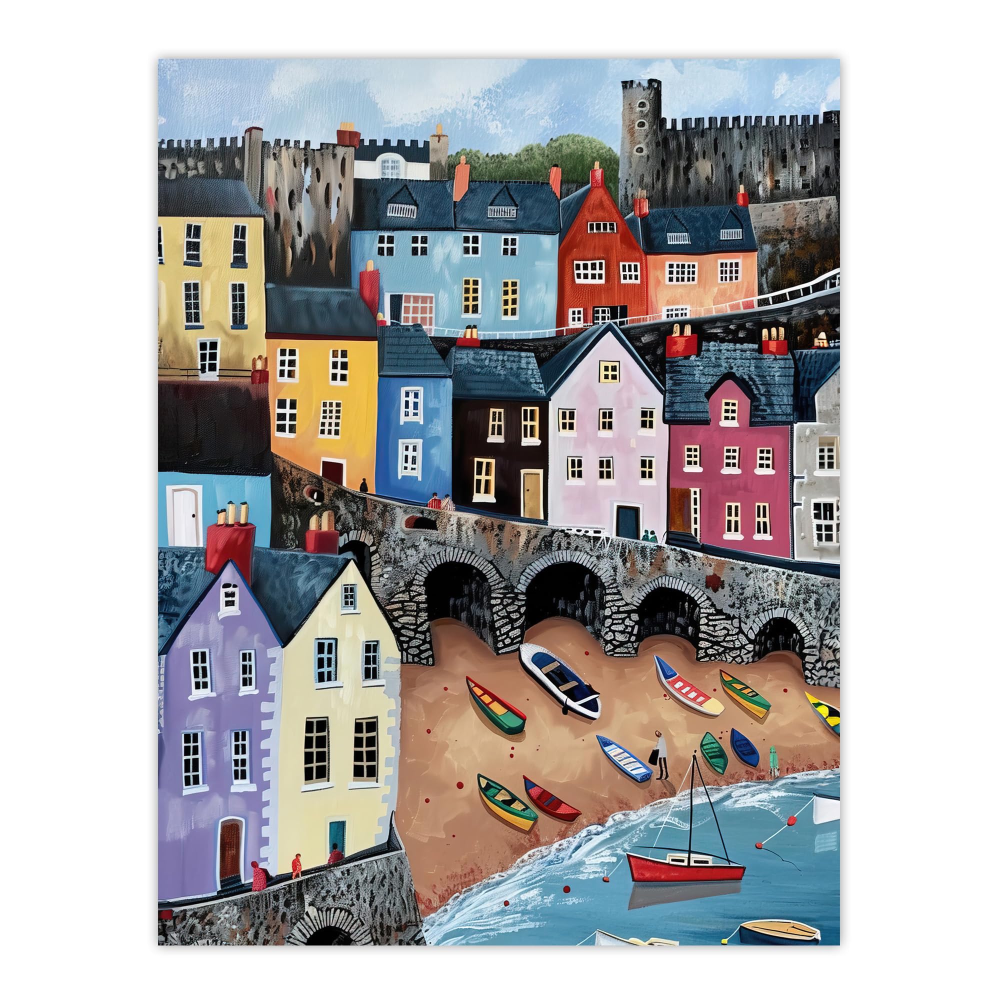 Artery8 Tenby Harbour Beach Colourful Coastal Townscape Living Room Extra Large XL Wall Art Poster Print