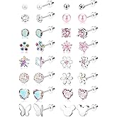 Valentines Day Gifts for Her - CASSIECA 16 Pairs Hypoallergenic Screw Back Earrings for Women Girls 316L Stainless Steel CZ Ball Heart Flower Screwback Flat Back Stud Earrings Jewelry Gift Women Multicolored Pink