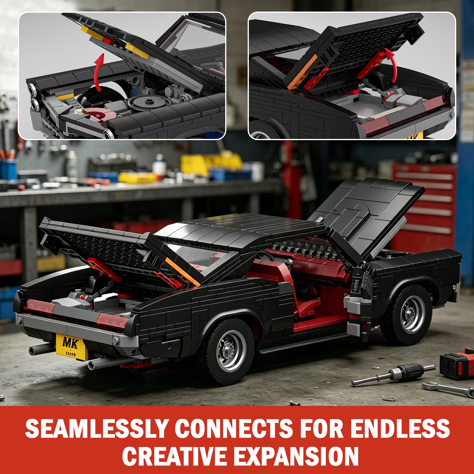 Mould King 10199 Technik Sportwagen Bausteine GTO Rennauto Klemmbausteine Klassischer Amerikanischer Muscle-Car Modellauto für Jungen und Erwachsene(1563 Teile) 5