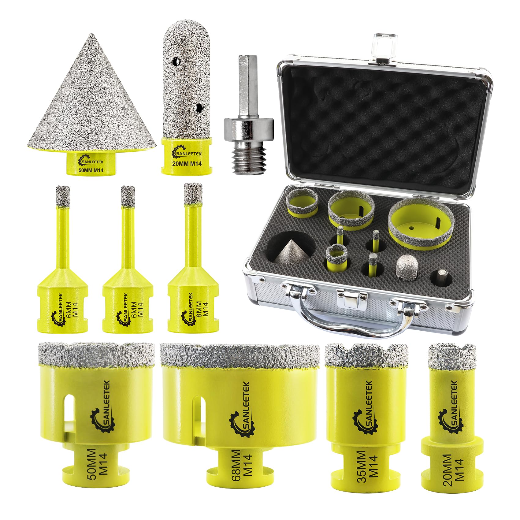 SANLEETEK Tile Hole Saw Kit - Diamond Core Drill Bits Set 10pcs (6/6/8/20/35/50/68mm+20mm Finger Bit+50mm Beveling Chamfer Bit+Hex Adapter) for Ceramic Tile Porcelain Marble Granite with M14 Thread — image 1