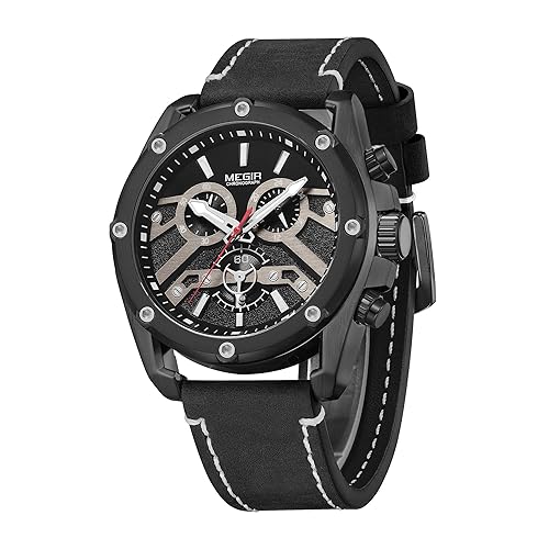 MEGIR Men Watch Fashion Black Leather Strap Sports Analogue Quartz