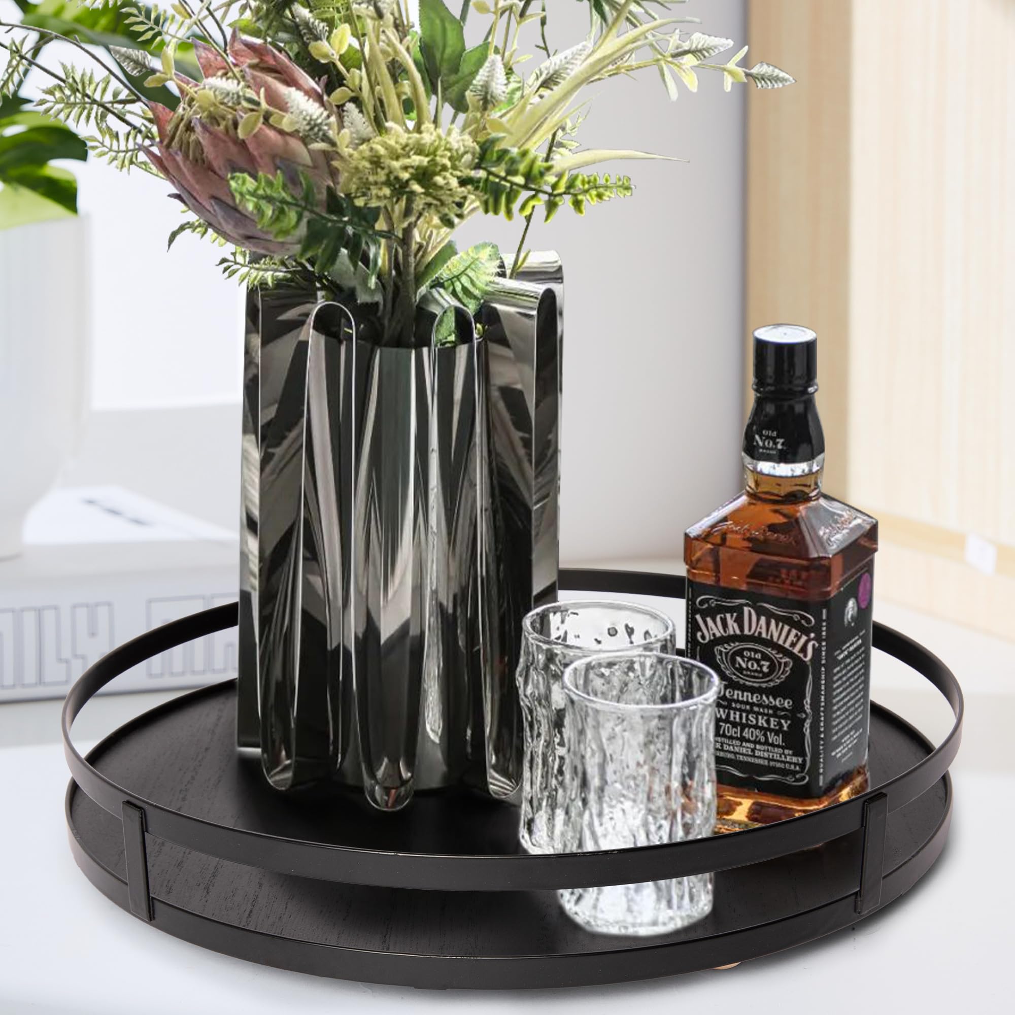 Photo 1 of Defined Deco 12in Decorative Tray-Round Serving Tray with Metal Handle-Black Decorative Tray for Home Decor,Living Room Decor,Coffee Table Decor,Rustic Wooden Tray for Kitchen Table Decor,Dining Table