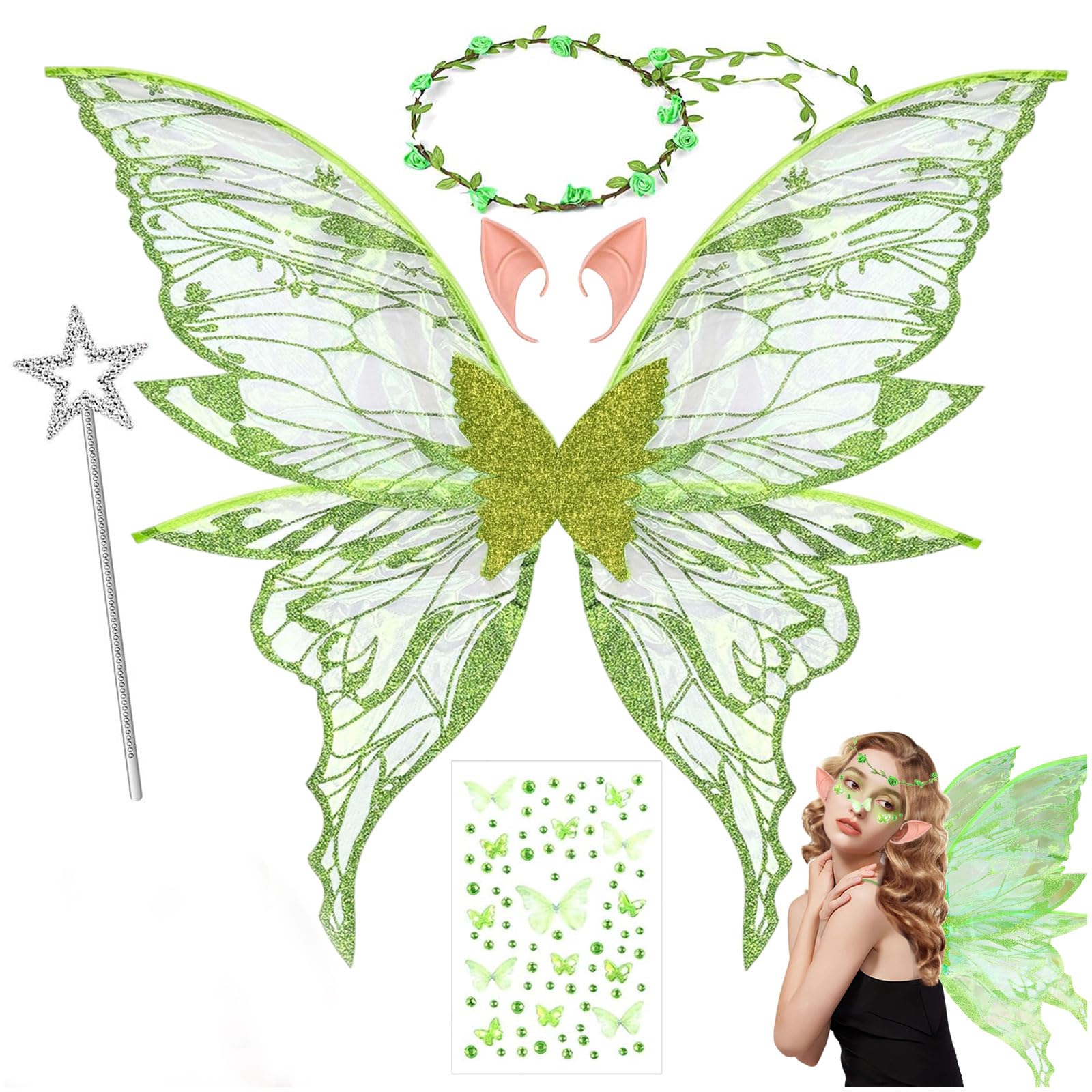 Hlayshing Fairy Wings Adult,Butterfly Wings for Adult Women Kids Girls,5 PCS Angel Costume Accessories,Elf Ears Flower Girl Wand,Angel Princess Fancy Dress Up Costumes for Halloween Birthday Chrismas