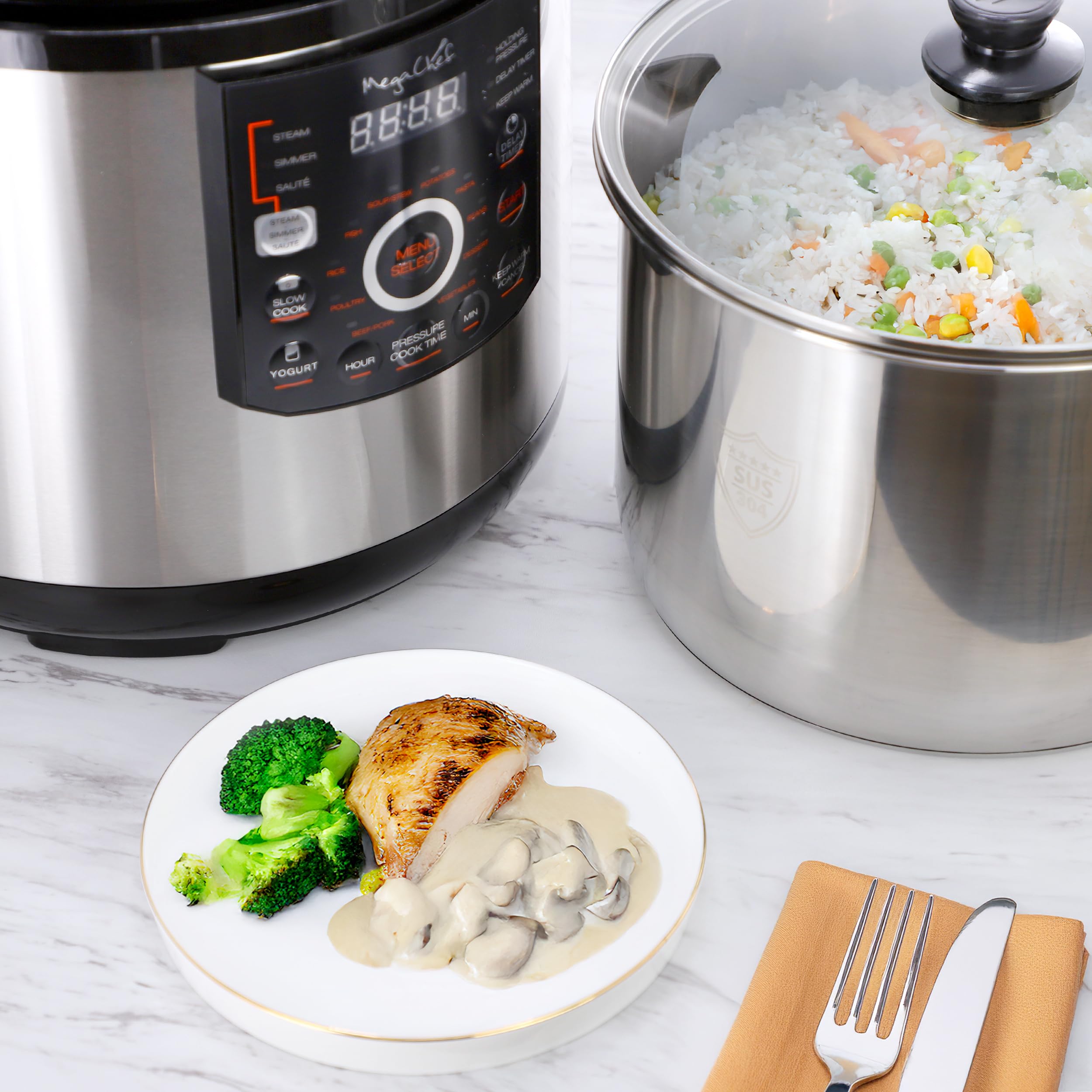 MegaChef 12 Quart Electric Digital Pressure Cooker, Multi-Cooker with 15 Preset Cooking Functions, Stainless Steel Cooking Pot and Glass Lid