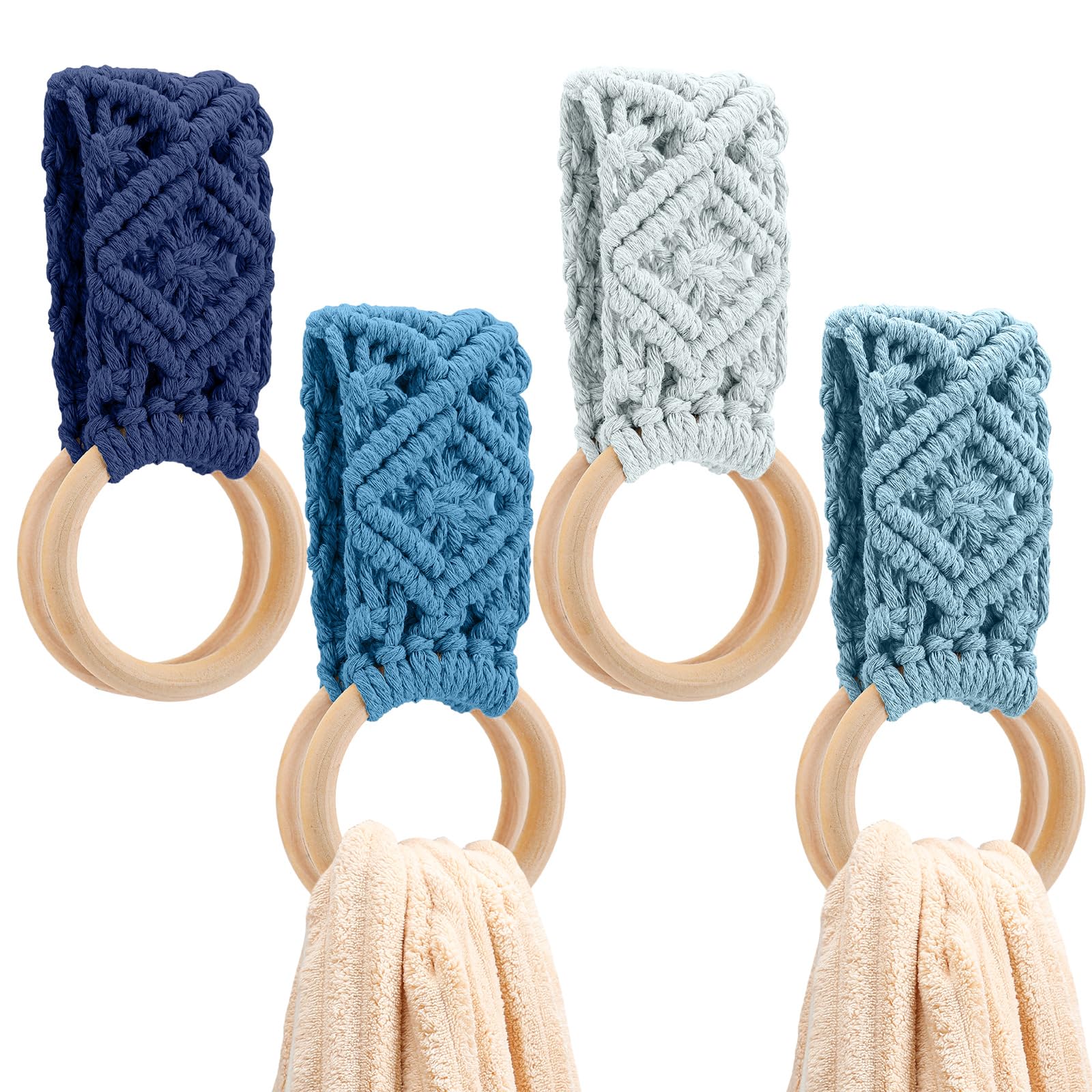 Photo 1 of Tioncy 4 Pcs Kitchen Dish Towel Holder Mother's Day Gifts Boho Handmade Crochet Hanging Towels Loop Ring Knit Towel Hanger for Cabinet House Oven Stove Door, 4 Colors(Blue)