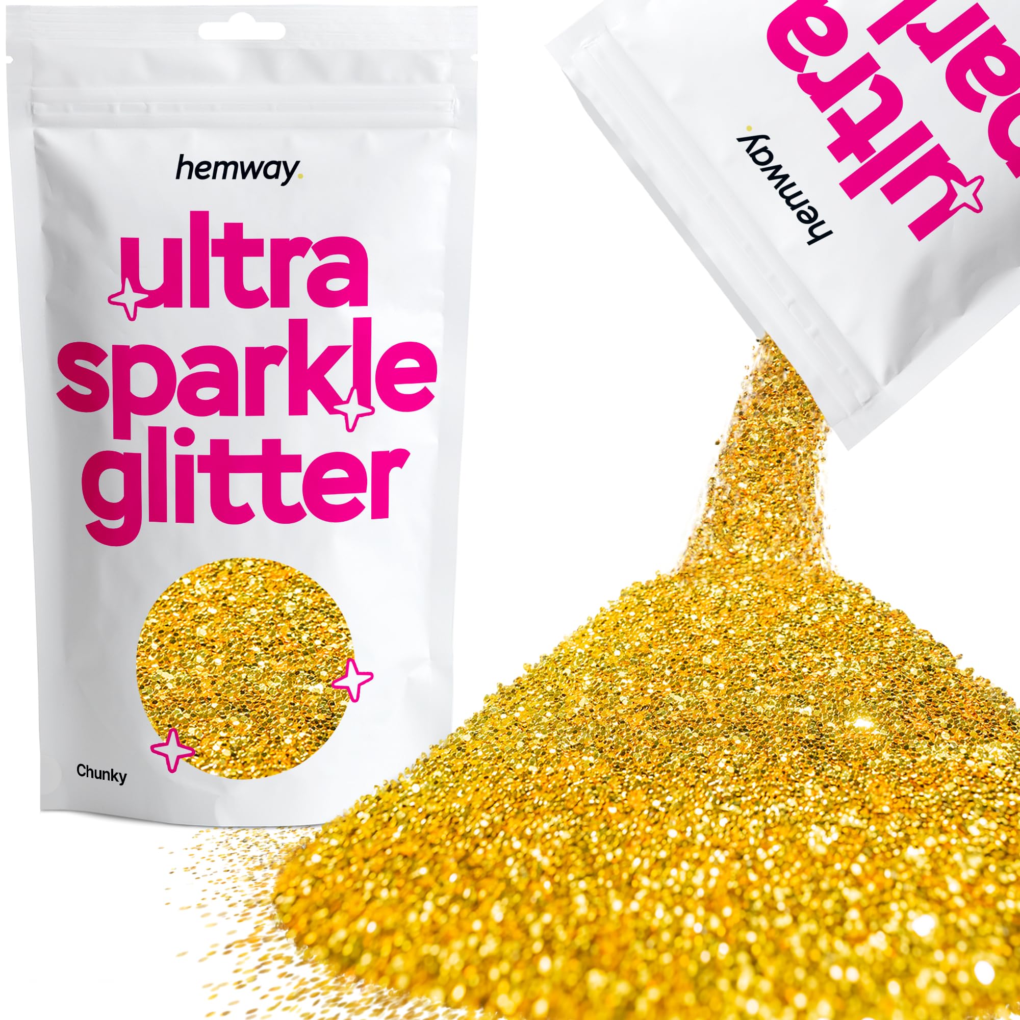 Hemway Ultra Sparkle Glitter Gold 100g Chunky | Glitter for Arts & Craft, Makeup, Nail Art, Crafting, Card Making, Sparkle Decoration