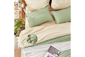 Anluoer Queen Comforter Set 7 Piece, Sage Green Bed in a Bag with Sheets, Pom Pom Boho Bedding Comforter Sets with 1 Comforter, 2 Pillow Shams, 2 Pillowcases, 1 Flat Sheet, 1 Fitted Sheet
