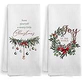 XNXLDYLH Vintage Christian Joy to The World Christmas Ball Wreath Red Bow Decor Kitchen Towels Sets of 2, Have Yourself a Merry Little Christmas Dish Hand Tea Towels for Bathroom Kitchen, 16x24 Inches