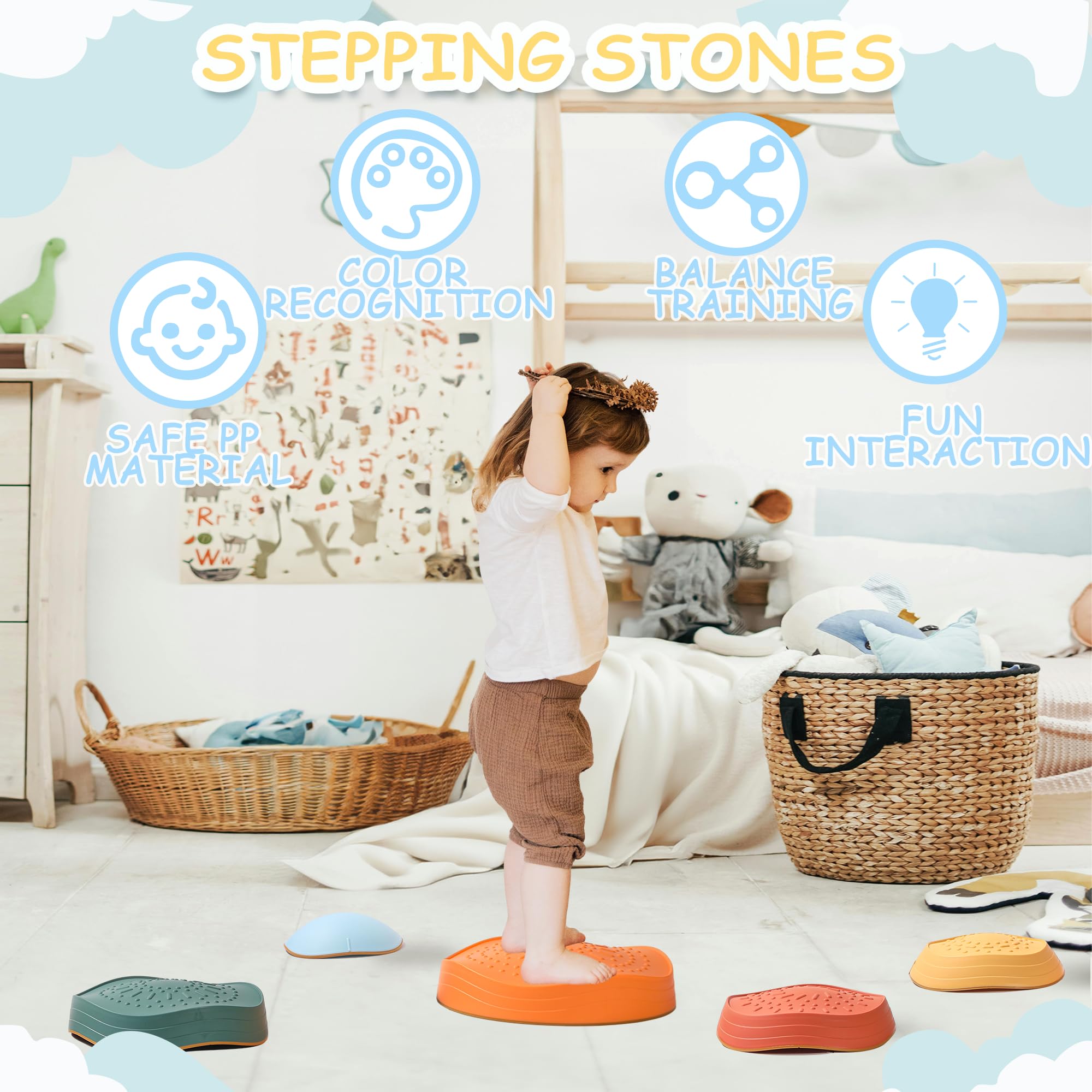 Balance Stepping Stones for Kids 5pcs Non-Slip River Stones Obstacle Course Play Indoor and Outdoor Coordination Game Sensory Toys Toddler Ages 3 4 5 6 7 8+ (Classic)