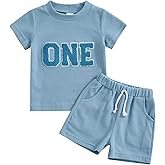Lamuusaa Toddler Baby Boy Birthday Outfit One/Two Letter Embroidery T-shirt Jogger Shorts Waffle Summer Clothes