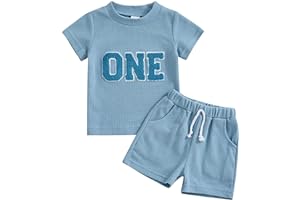 Lamuusaa Toddler Baby Boy Birthday Outfit One/Two Letter Embroidery T-shirt Jogger Shorts Waffle Summer Clothes