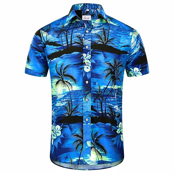 EUOW MEN’S HAWAIIAN SHIRT SHORT SLEEVES PRINTED BUTTON DOWN SUMMER BEACH DRESS SHIRTS (CYAN BLUE, L)