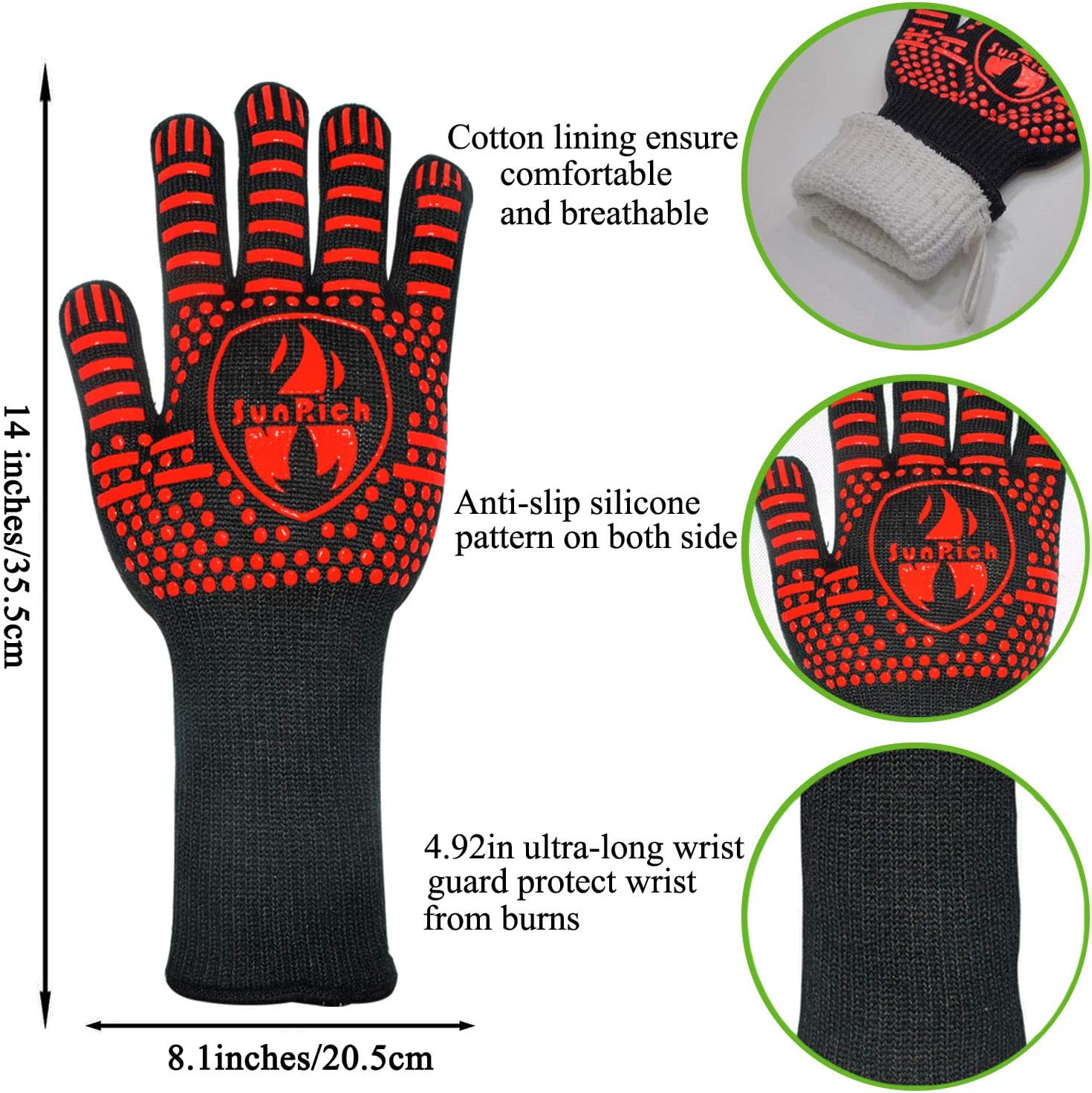 BBQ Grill Gloves 1472℉ Heat Resistant Barbecue Grilling Gloves Kitchen Oven Mitts Silicone Non-Slip Cooking Gloves for Cooking/Baking/Welding/Cutting, 14 Inch by Sunrich (Red): Kitchen & Dining