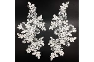 PEPPERLONELY 1 Pair Fine Lace Fabric Patches Embroidered Trim Applique Decor Dress Decoration, Off White with Sequin, 10 X 6 Inch
