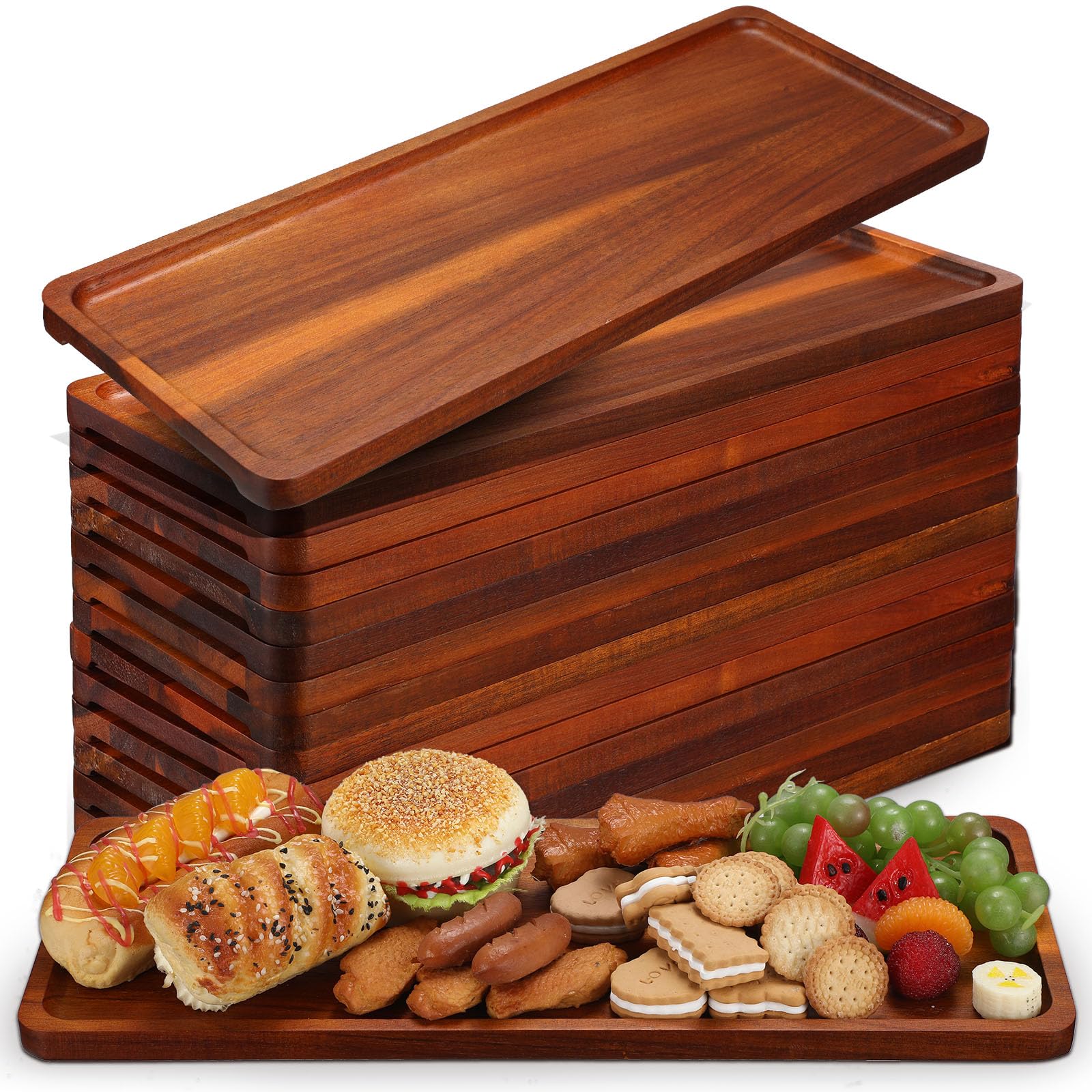 Photo 1 of Skylety 15 Pack Solid Wood Serving Tray Large Acacia Party Server Platter Rectangular Charcuterie Board with Grooved Handle for Home kitchen Cheese Appetizer Farmhouse Table Supplies (16.7 x 6.4 Inch)