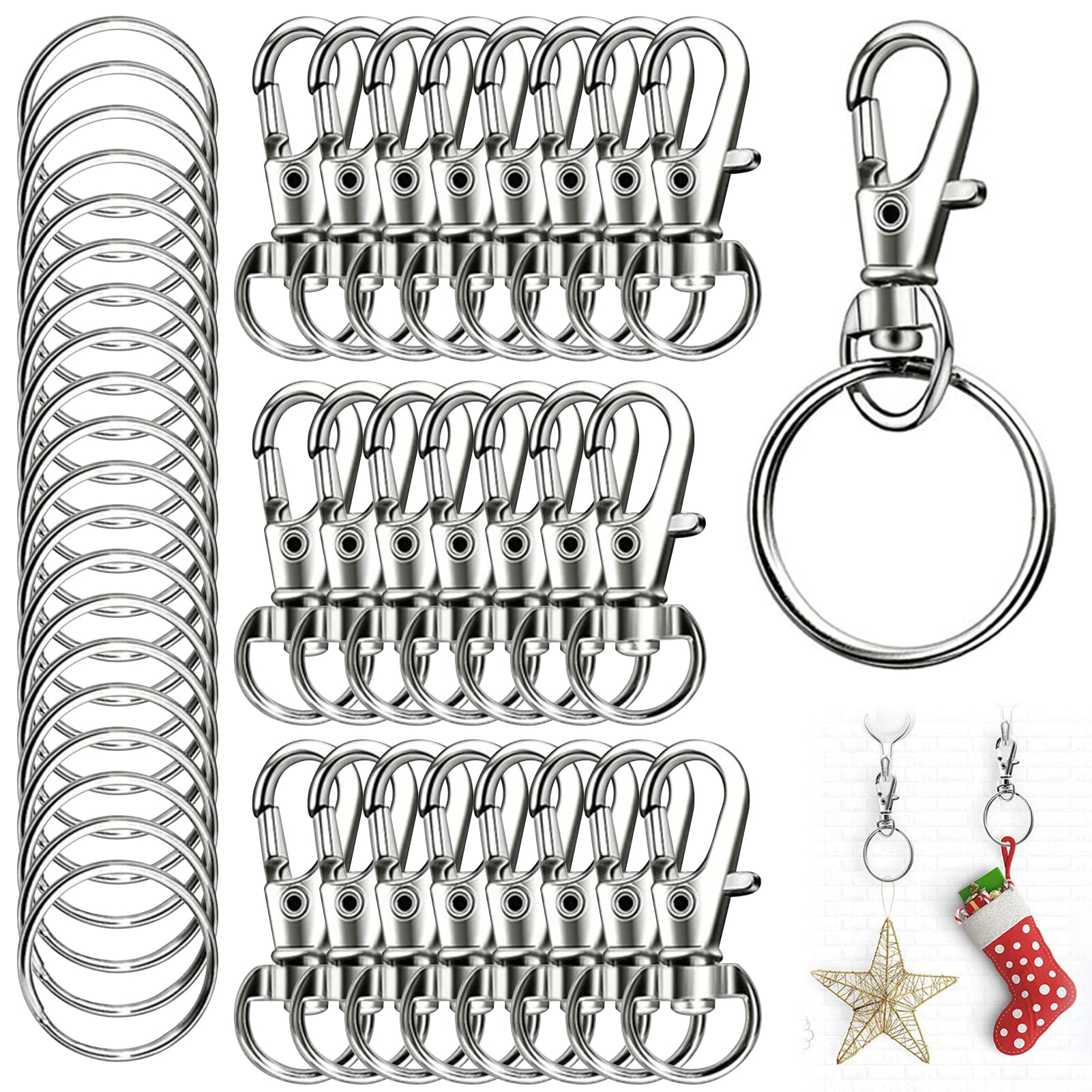 Swivel Lobster Clasps & Key Ring Hoops, 40PCS Keyring Making Kit 20pcs Lobster Clasps and 20pcs Keyring, Key Rings for Keychain Keyrings Chain for Lanyard Jewelry Making Crafts Silver