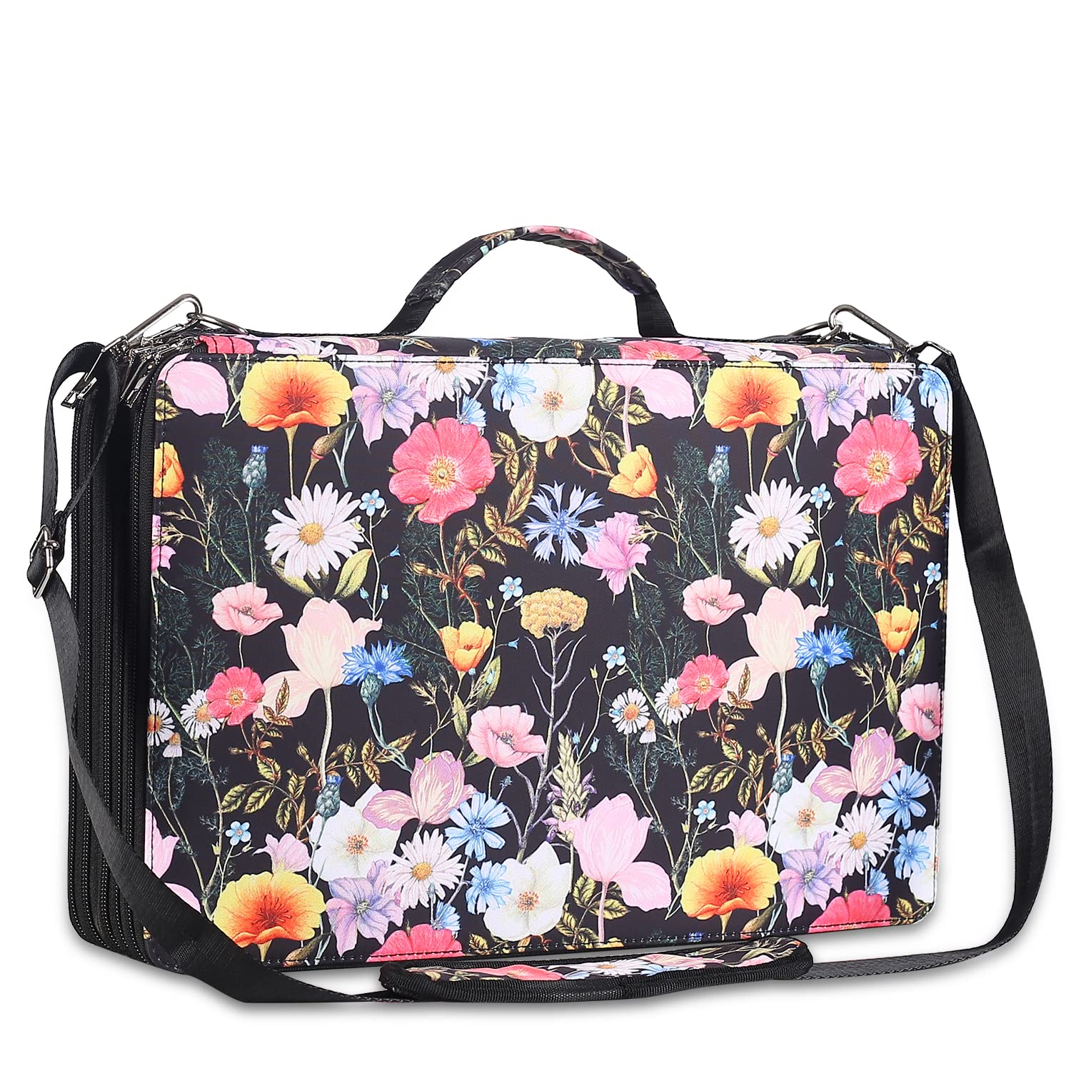 Shulaner 500 Pencil Case Holder, for 500 Coloured Pencils or 340 Coloured Gel Pens with 5 Zipper Large Capacity Composite Cloth Pen Organizer with Shoulder Strap (Black, Large Slots)