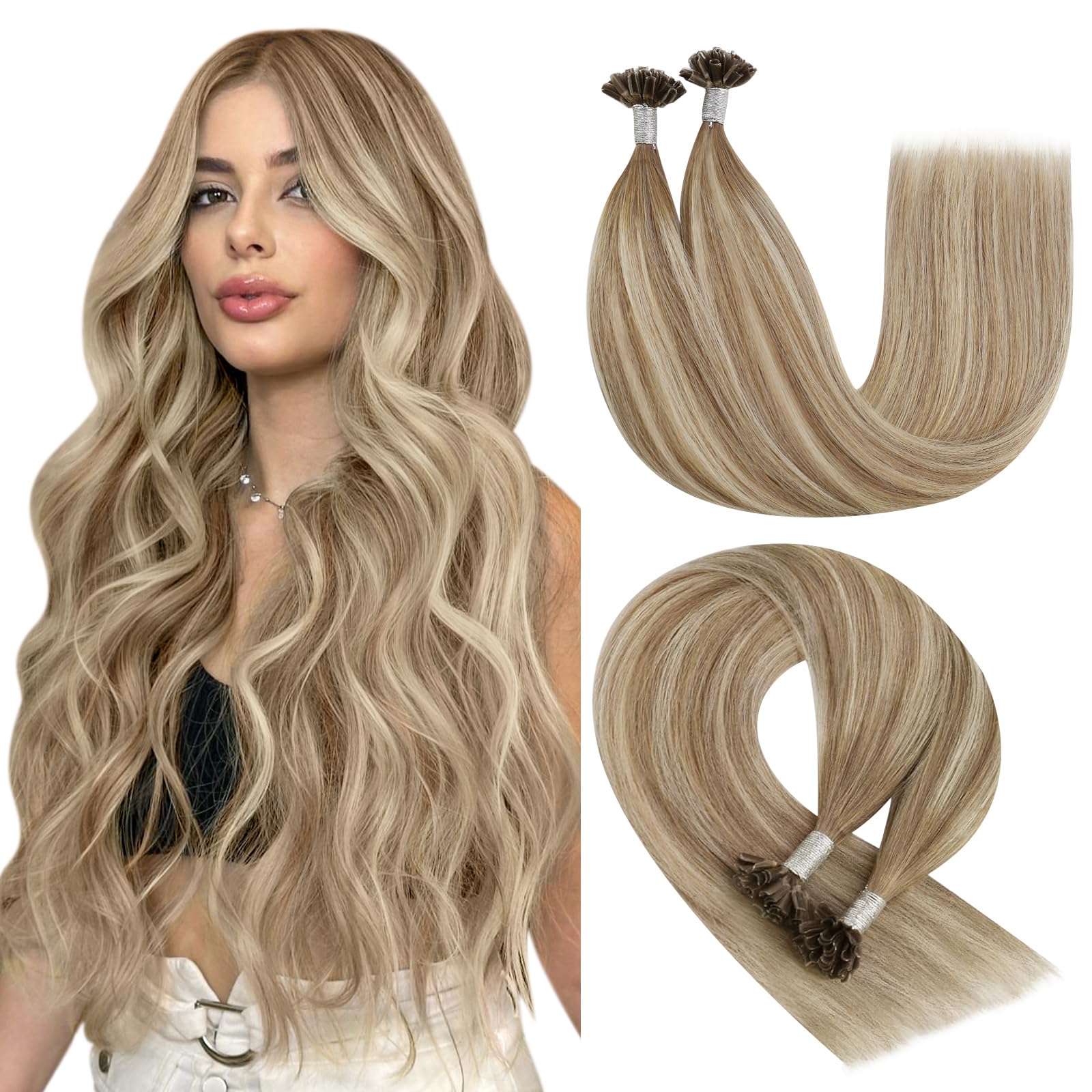YoungSee U Tip Hair Extensions Real Human Hair Ombre Light Brown and Blonde K Tip Hair Extensions for Long Straight Hair 1G/S 50G Balayage Utips Extensions add volume 22In