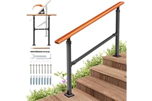 UOKRR 4 Step Handrails for Outdoor Steps, Indoor Stairs Railing Mild Steel Metal Hand Rails for Porch, Exterior Concrete Steps, Wooden Stairs Fit 1 to 4 Steps Wood Grain Design with Installation Kit