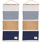 Juvale 3 Pocket Hanging Wall Organizer - Space-Saving Over-Door Storage - Vertical Wall Hanging Storage - Collapsible Fabric Mail Holder - 11.75"x 27", 2-Pack, Linen & Wood, White/Navy Blue/Brown