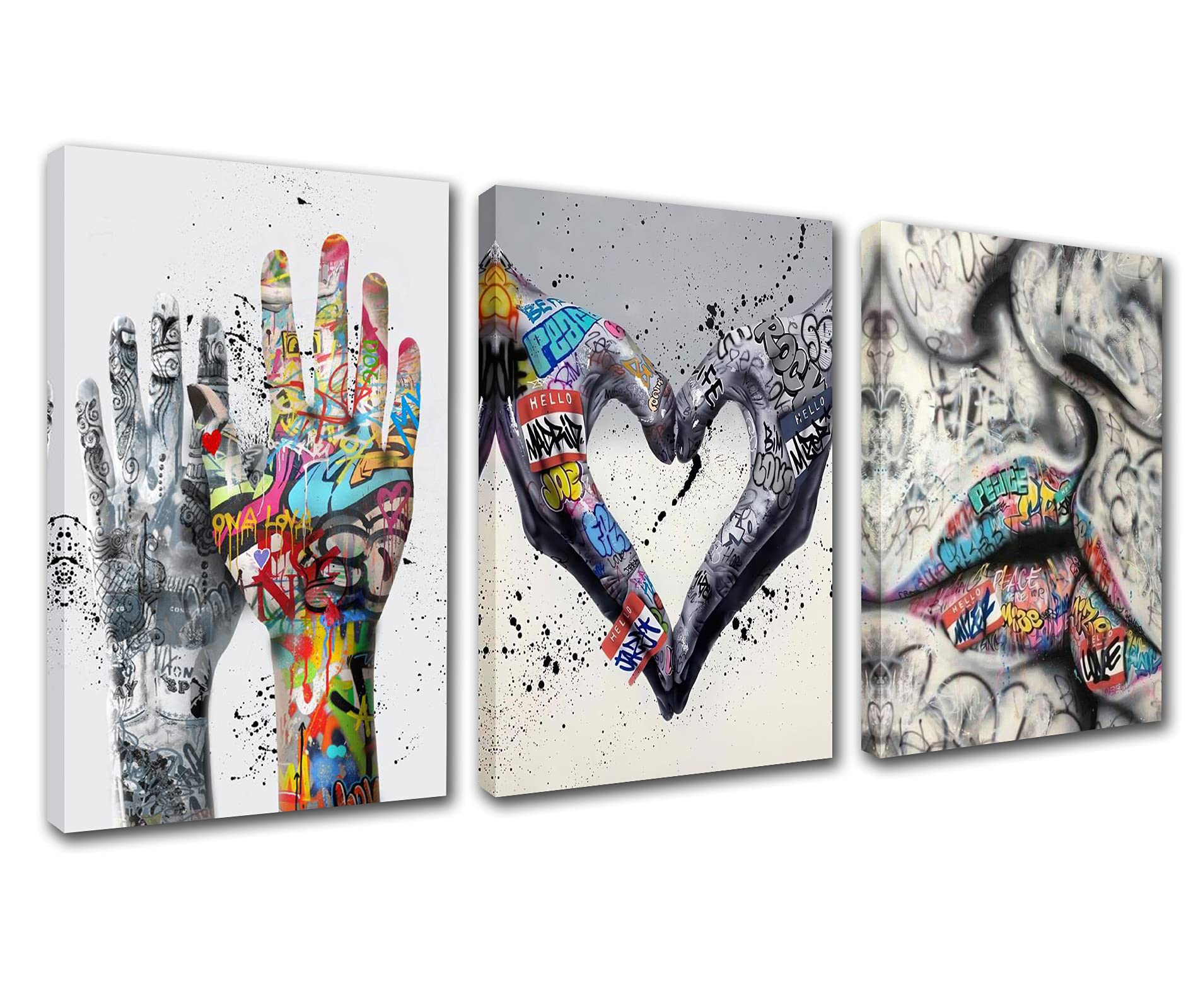 Banksy Street Wall Art Graffiti Art Paintings Love Kissing Pictures Promise Holding Hands Artwork for Living Room 3 Panels Print on Canvas n House Decor Framed Ready to Hang(48''W x 24''H)