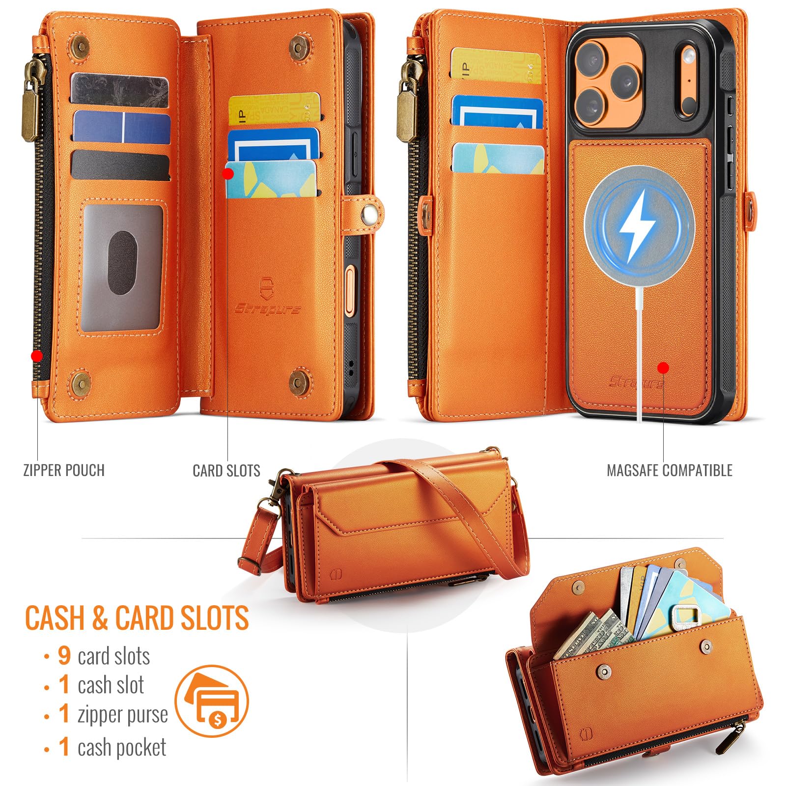 Condition photo showing New/Like New for strapurs for iphone 17 pro detachable wallet case compatible with magsafe, rfid blocking 9-card hold