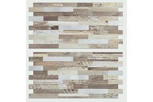 AULIGET 20 Sheets Peel and Stick Backsplash, Beige Wood Look PVC Mixed Metal Stick on Backsplash Tiles for Kitchen