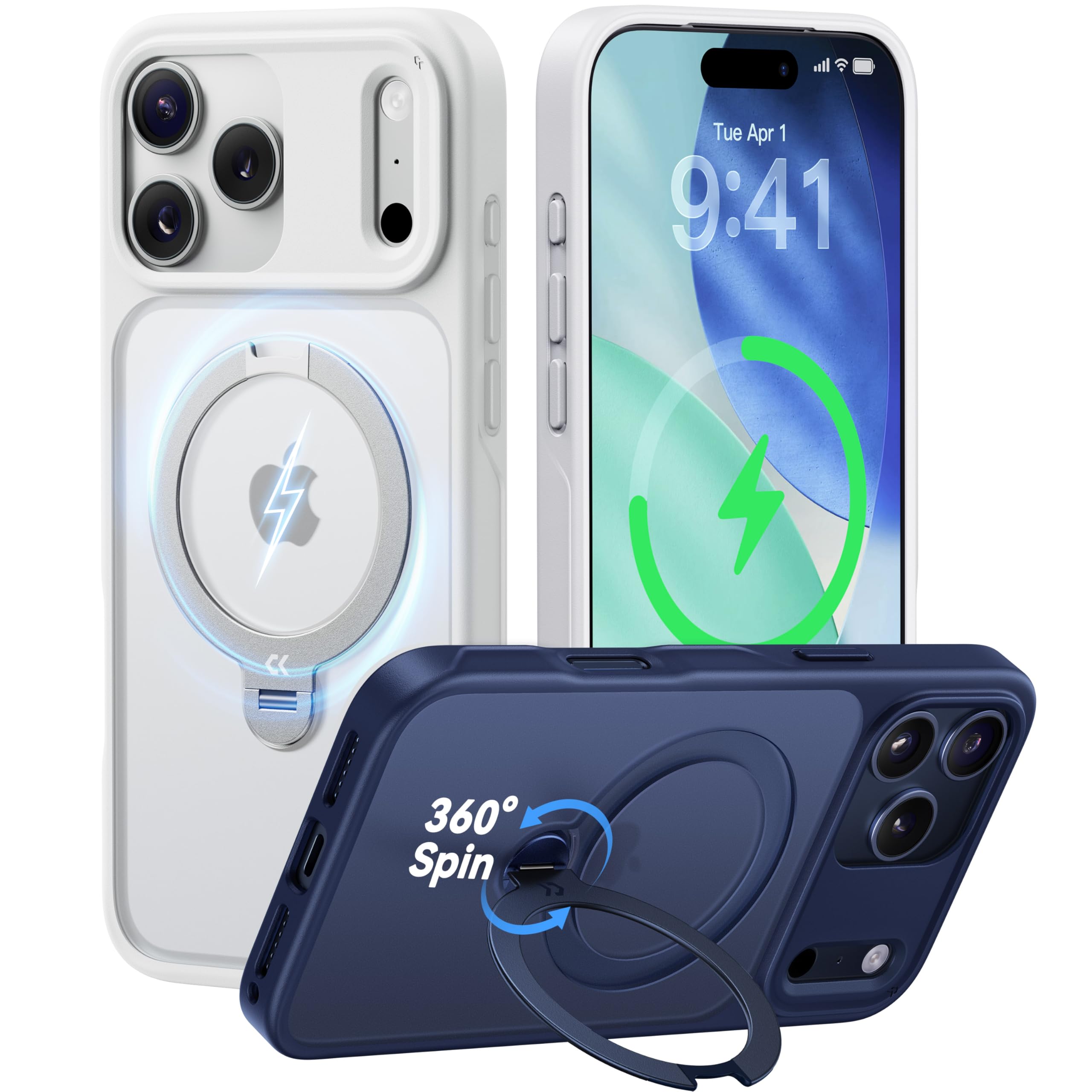 CASEKOO White for 17 Pro Case with 360 Spin Magnetic Stand [Camera Protection] [18FT Military Grade Protection] [Fit for MagSafe] Ring Grip Slim Matte 17 Pro Case 6.3 Inch Image