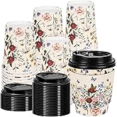 JarThenaAMCS 50 Sets Vintage Floral Coffee Cups with Lids and Sleeves 8oz Wildflower Paper Cups Flower Disposable To Go Coffee Cup for Cafes Shops Cappuccino Chocolate Beverage