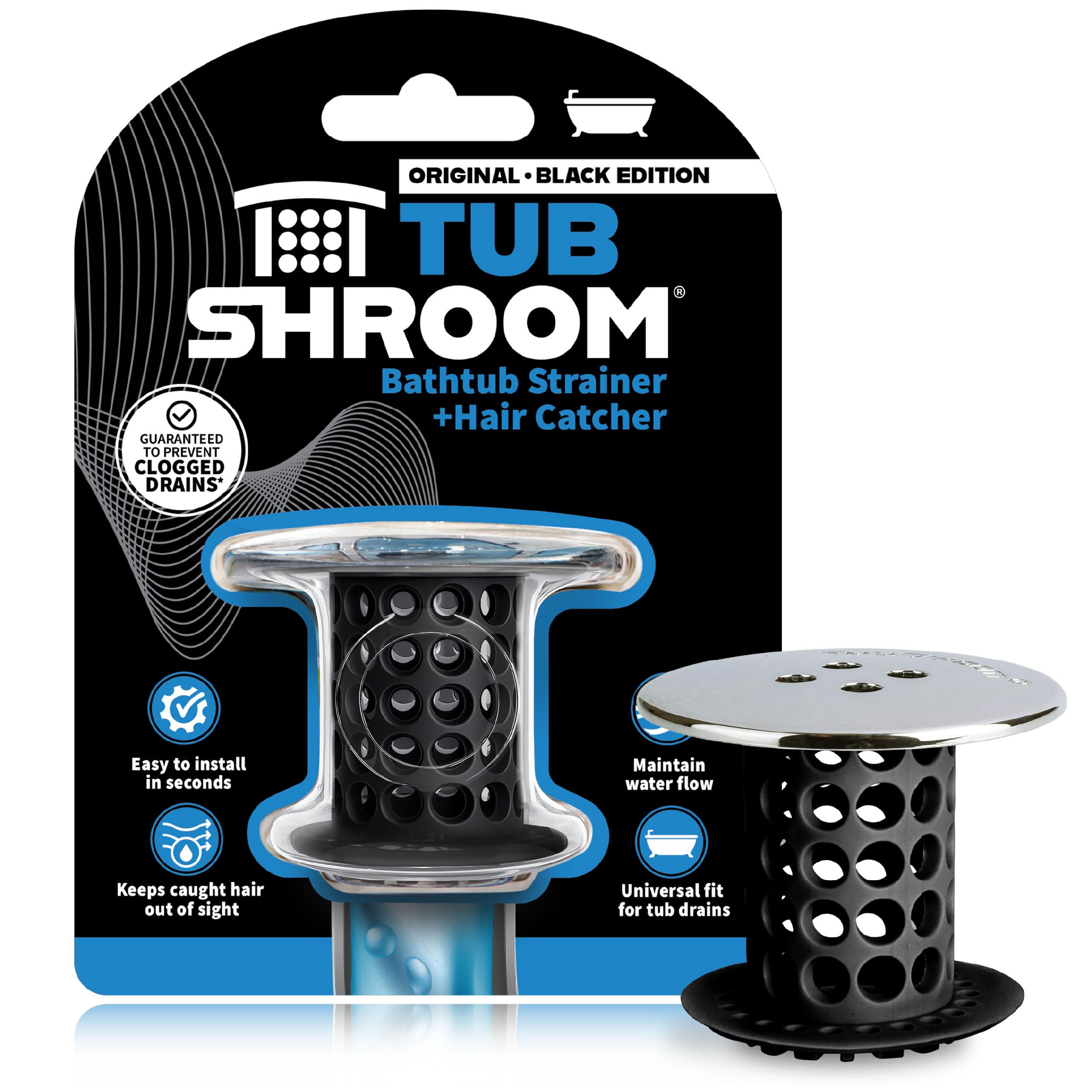 TubShroom Tub Drain Protector Hair Catcher Strainer Snare Silicone Black Standard