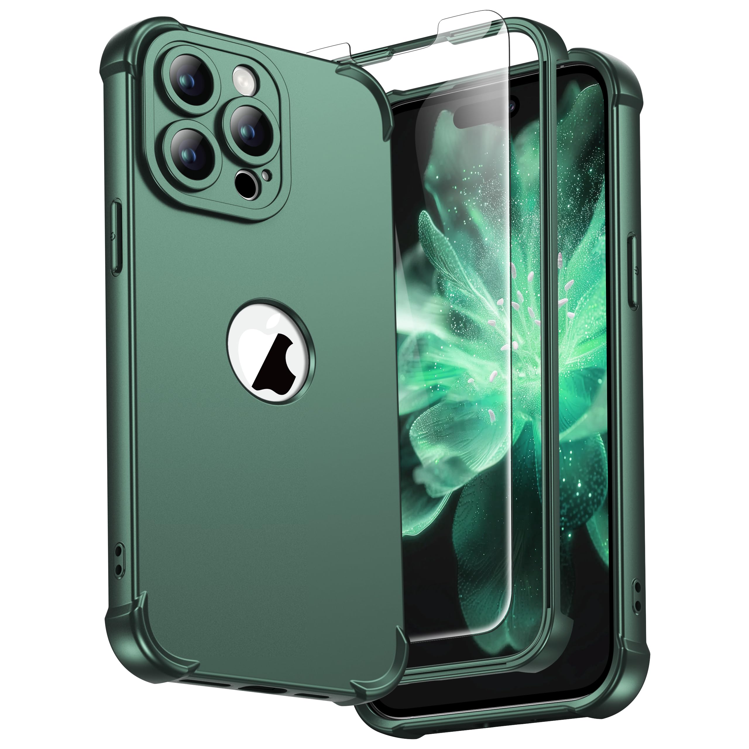 ORETECH for iPhone 14 Pro Case, with [2 x Tempered Glass Screen Protector] [Camera Protection] [Military Grade Shockproof ] Thin Slim Fit Rubber Bumper Phone Case Cover - Green